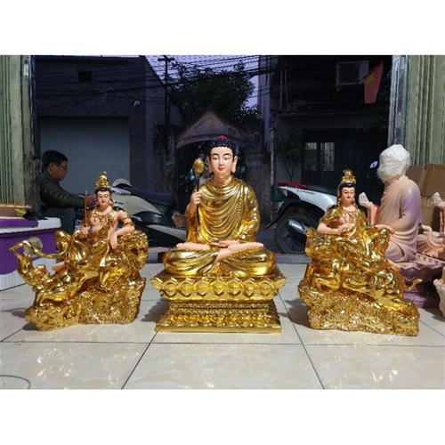 Bộ tượng dát vàng Bổn Sư 60cm, cặp tượng Văn Thù, Phổ Hiền bồ tát 50cm