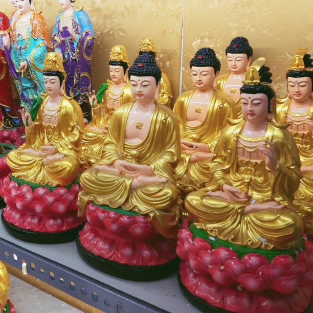Bộ tượng Tây Phương Tam Thánh ngồi 30cm nhũ vàng sen hồng
