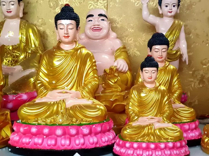 Tượng Bổn Sư nhũ vàng sen hồng 30cm